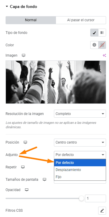 adjunto por defecto capa fondo elementor