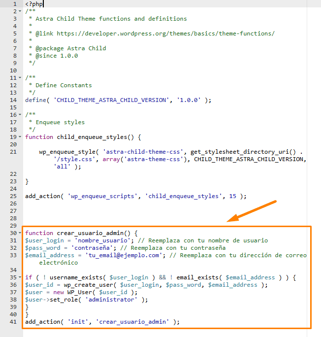 Añadir código en archivo functions. php desde hosting