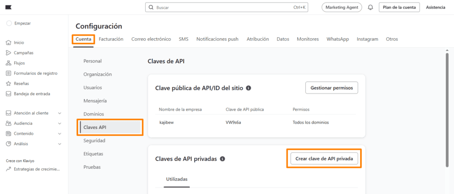 Cómo conectar Klaviyo con un formulario de Elementor - Crear clave API Klaviyo