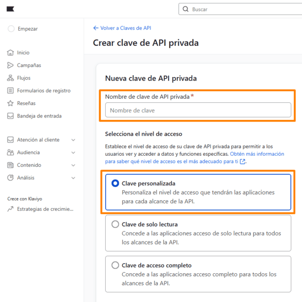 Cómo conectar Klaviyo con un formulario de Elementor - Crear clave API Klaviyo
