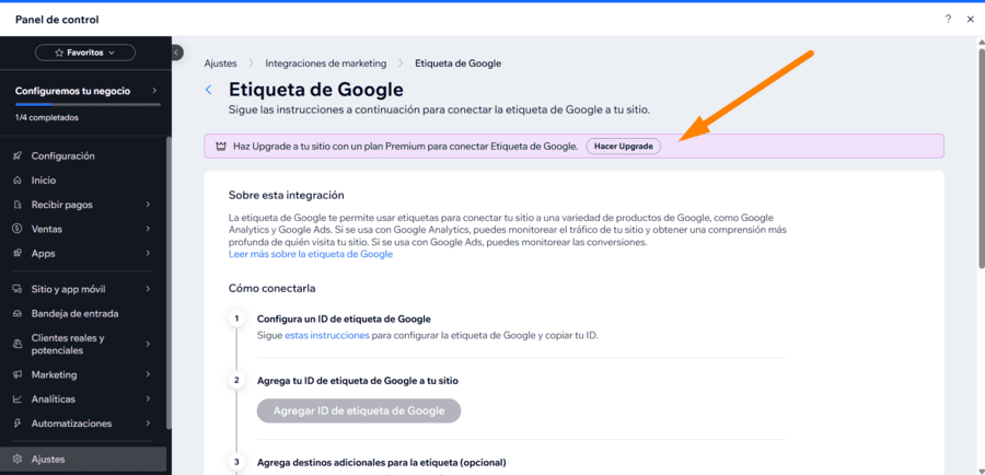 wix integraciones etiqueta google